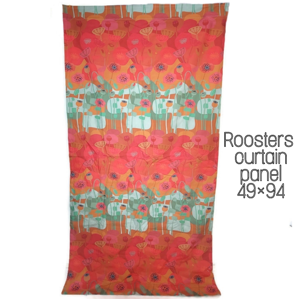 Roosters linen cotton retro floral curtain panel size 94x49. Pink orange green